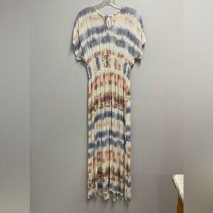Gypsies & Moondust Boho Tie-Dye Maxi Dress in Blue, Cream & Pink size large